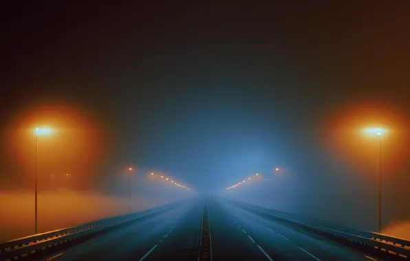 Картинка road, night, mist, street light, ai art