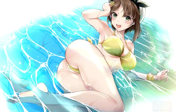 Girl, sexy, ass, cleavage, brown hair, boobs, anime, water