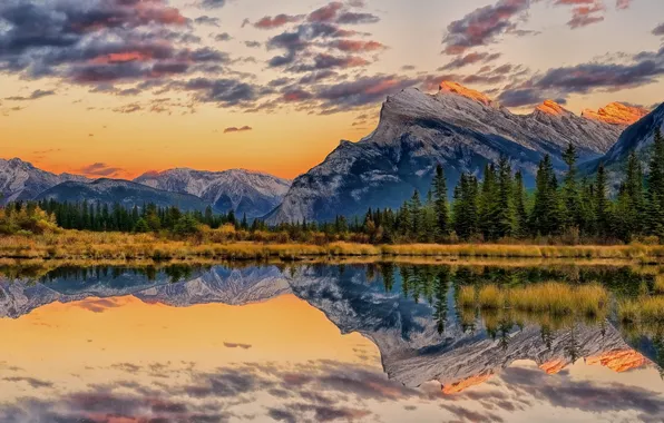 Картинка Alberta, sunset, dust, reflections, Banff, Vermillion Lakes