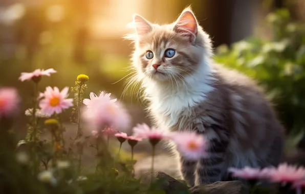 Кошка, взгляд, цветы, поза, котенок, сад, мордашка, сидит