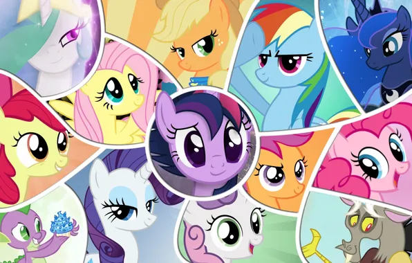 Луна, Радуга, applejack, my little pony, rainbow dash, twilight sparkle, rarity, pinkie pie