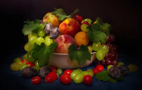 Картинка ягоды, темный фон, виноград, фрукты, натюрморт, нектарин, слива, листья винограда