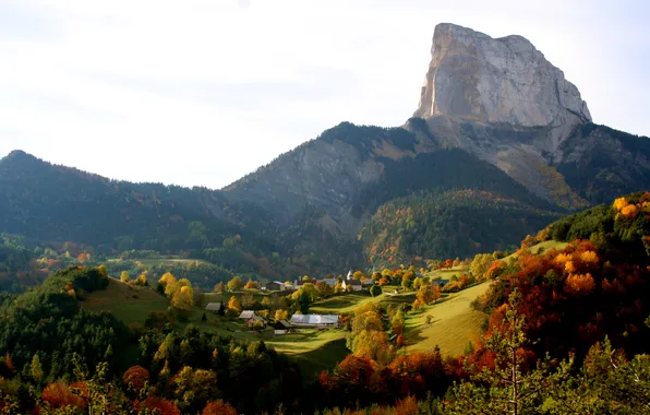 Картинка осень, горы, скалы, Франция, поля, Альпы, домики, леса