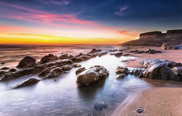 Картинка rock, beach, ocean, coast, sunrise