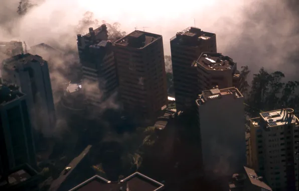 Skyline, landscape, buildings, foggy, aerial, cliff