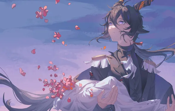 Небо, цветы, тело, фэнтези, рога, парень, слеза, Arknights