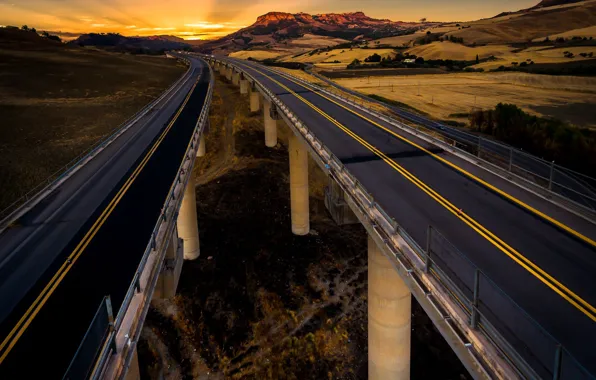 Дорога, мост, Sicily, Leonforte, Highway Sunset, Ital