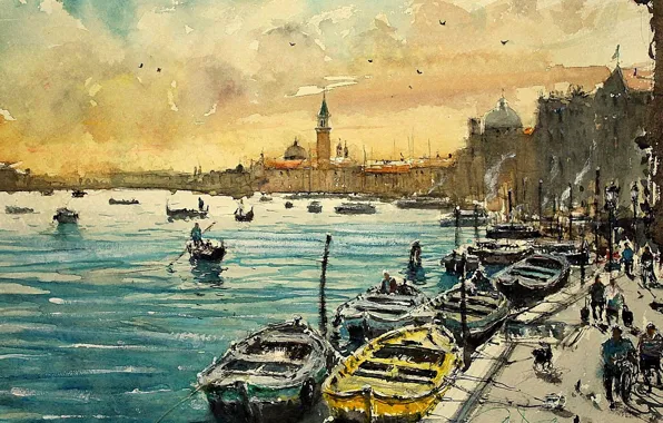 Дома, картина, лодки, акварель, Венеция, городской пейзаж, Максимилиан Дамико