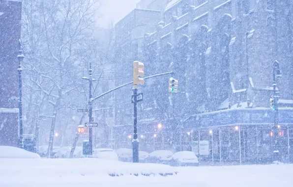 Картинка зима, город, Нью-Йорк, Снегопад, «Джонсон»