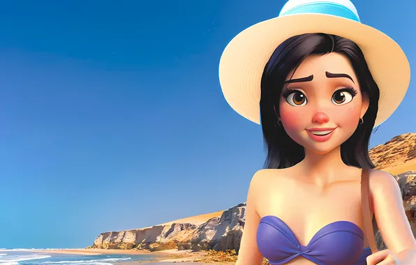Girl, sexy, cleavage, beach, long hair, sea, hat, brown eyes