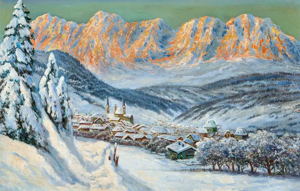 Дома, Зима, Горы, Деревья, Снег, Картина, Alois Arnegger, Алоис Арнеггер