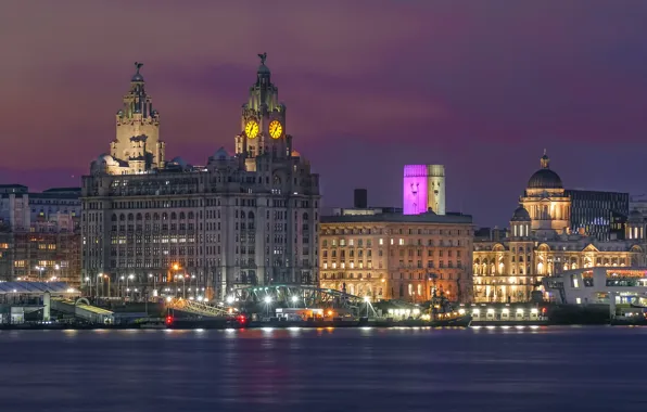 Картинка ночь, огни, река, Англия, дома, фонари, Ливерпуль, Liverpool