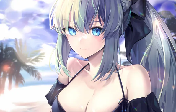 Girl, sexy, cleavage, sky, long hair, boobs, anime, beautiful