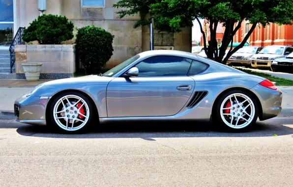 Картинка улица, тюнинг, серебро, парковка, спорткар, автомобиль, диски, Porsche Cayman