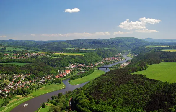 Картинка небо, деревья, мост, город, река, Германия, долина