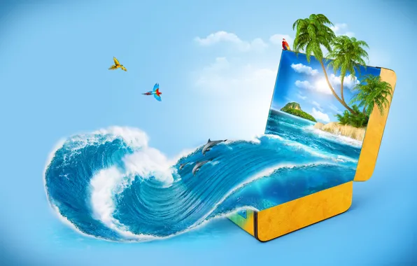 Море, пальмы, креатив, волна, дельфины, чемодан, попугаи