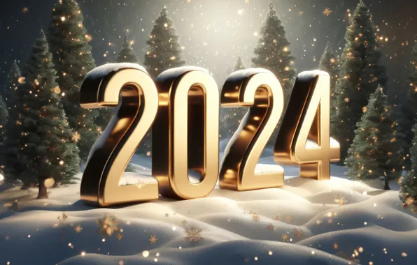 Цифры, Новый год, golden, winter, snow, decoration, numbers, New year