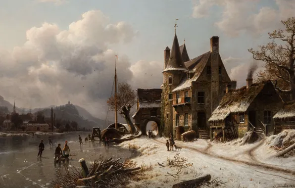 Картинка 1870, German painter, немецкий живописец, oil on canvas, Winter Scene with Skaters on a Frozen …