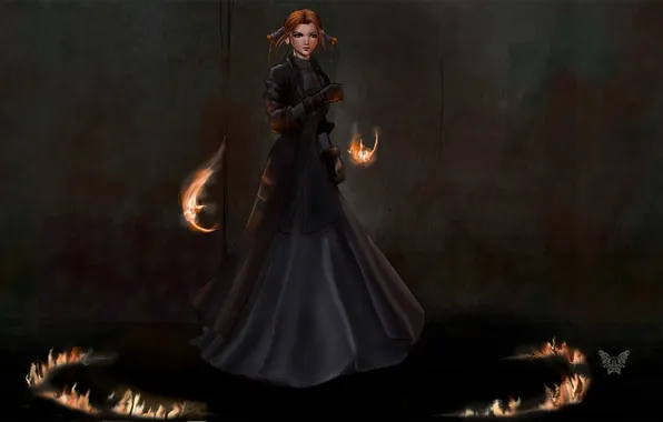 Картинка девушка, фон, огонь, круг, robin sena, witch hunter robin