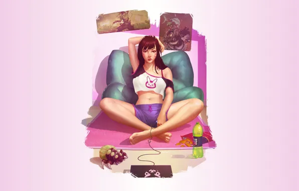 Картинка long hair, brunette, belly, sitting, thighs, video games, bangs, belly button