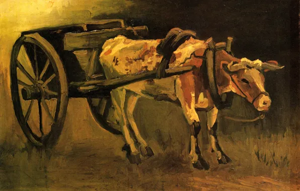 Повозка, бык, Винсент ван Гог, Cart with Red and White Ox
