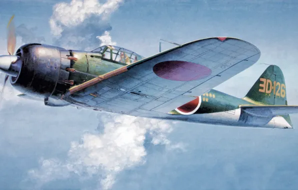 Картинка war, art, painting, aviation, ww2, Mitsubishi A6M5 Zero Fighter, japanese navy