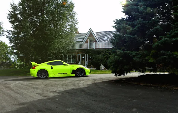 Green, Nissan, tuning, 370z, vossen wheels, rearside