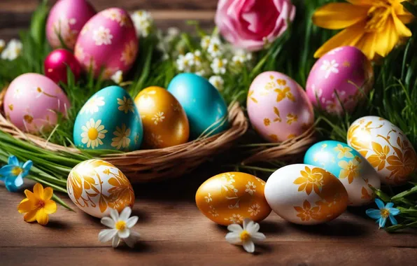 Картинка цветы, яйца, весна, colorful, Пасха, happy, flowers, spring