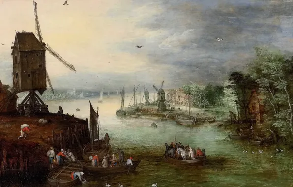 Картинка река, лодка, картина, Ян Брейгель младший, Речной Пейзаж с Мельницей