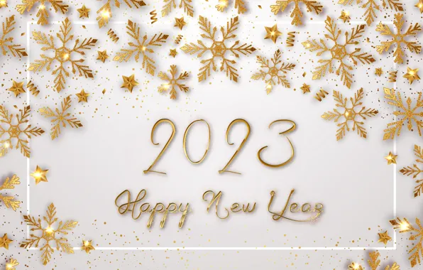 Снежинки, золото, Новый Год, цифры, golden, happy, New Year, snowflakes