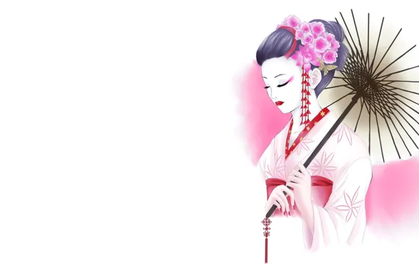 Картинка девушка, цветы, рисунок, зонт, арт, гейша, белый фон, кимоно