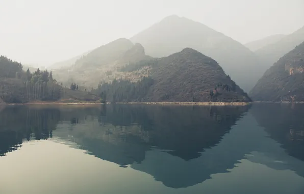 Картинка лес, вода, горы, туман, отражение, Китай