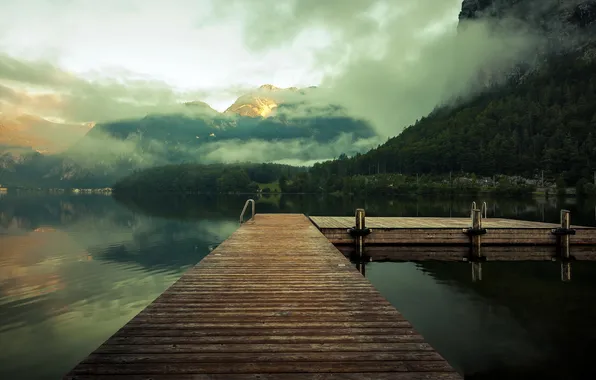 Картинка пейзаж, горы, мост, туман, озеро