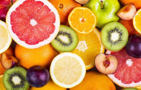 Картинка яблоки, апельсины, киви, фрукты, fresh, грейпфрут, fruits, berries