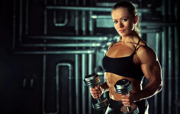 Картинка muscles, pose, arms, dumbbells, bodybuilder, Olga Belyakova