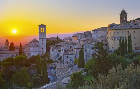 Картинка city, cathedral, sky, trees, landscape, Italy, sunset, sun