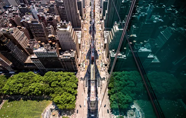 Город, отражение, улица, США, вид сверху, Нью - Йорк
