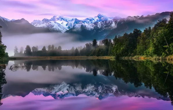 Лес, горы, туман, озеро, Новая Зеландия, Южный остров, Национальный парк Вестленд, Lake Matheson