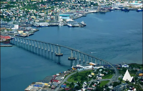 Картинка мост, река, дома, Норвегия, вид сверху, Tromsø