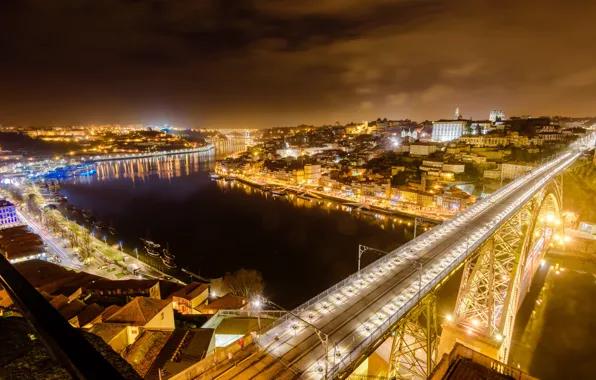 Ночь, мост, город, огни, река, дома, фонари, панорама