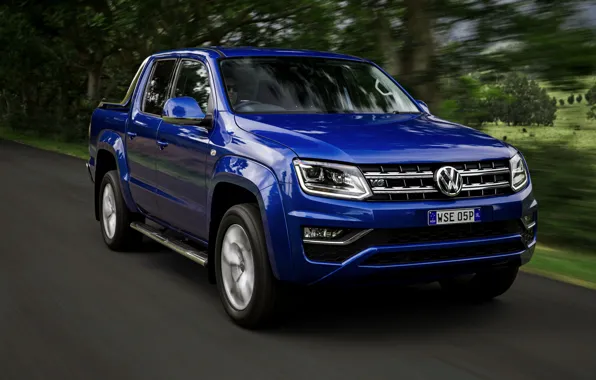 Картинка синий, Volkswagen, в движении, пикап, Ultimate, Amarok, Double Cab, 2016