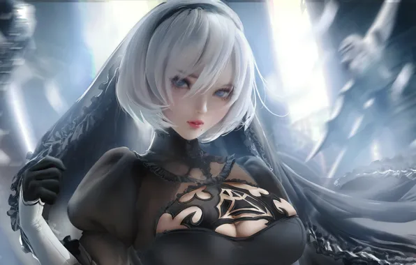 Взгляд, аниме, блондинка, декольте, черное платье, cleavage, белые волосы, большая грудь