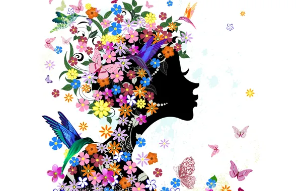 Картинка девушка, бабочки, цветы, птицы, абстракция, girl, flowers, birds