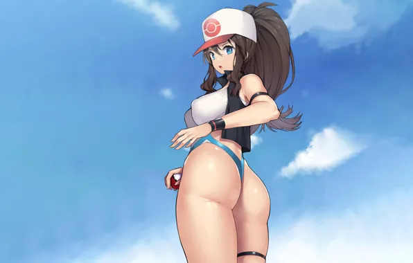 Girl, sexy, ass, sky, long hair, brown hair, boobs, anime