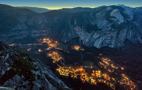 Горы, природа, город, вечер, долина, ущелье, Yosemite Valley, Glacier Point