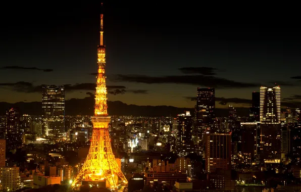 Ночь, город, огни, япония, башня, токио