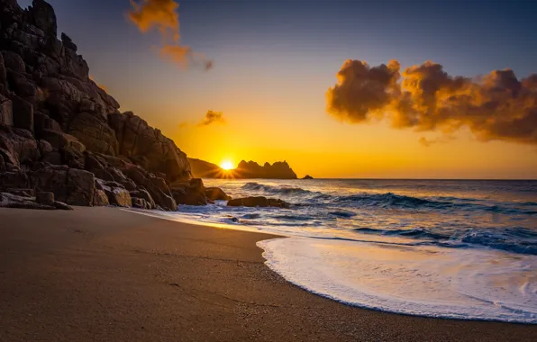 Картинка море, пляж, восход, скалы, рассвет, побережье, Англия, England