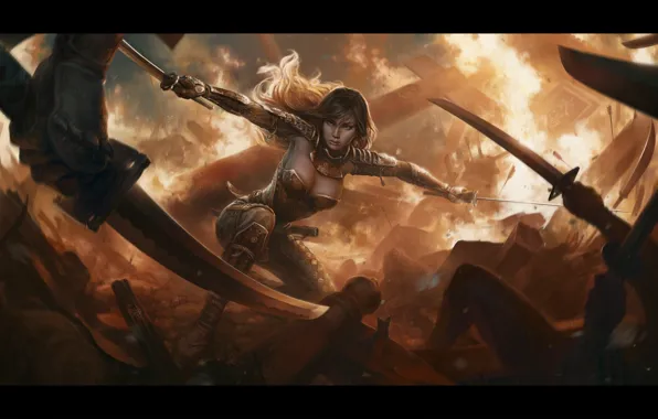 Картинка девушка, оружие, фантастика, огонь, арт, разрушение, нападение, броня