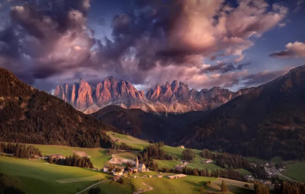 Картинка облака, горы, долина, Альпы, Италия, посёлок