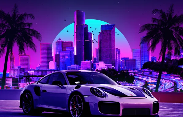 Картинка Porsche, Cars, GT2, Neon, Retro, Cityscape, Cyberpunk, Vaporwave